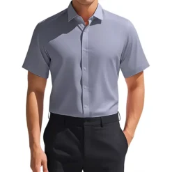Men's Short Sleeve Stretchy Lightweight Solid Color Formal Button Down Dress Shirt -Fashion Clothing Store 7528413 Gray