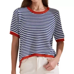 Women's Summer Tops Striped Knitted T Shirt Short Sleeve Trendy Loose Fit Pullover Top