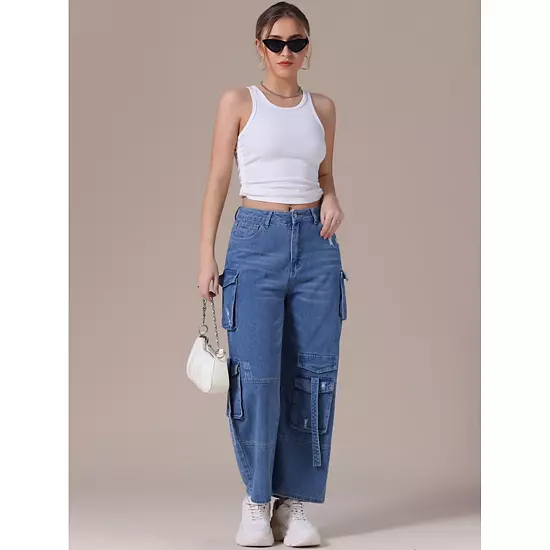 Women's Cargo Jeans Baggy Wide Leg Mid Rise Cargo Pockets Casual Denim Pants 2 Women's Cargo Jeans Baggy Wide Leg Mid Rise Cargo Pockets Casual Denim Pants - Image 2