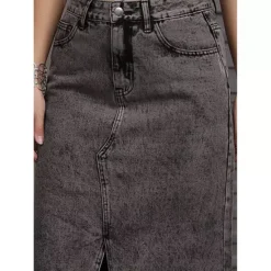 Women's Denim Skirt Front Slit Raw Hem High Waisted Stretch Midi Jean Skirts -Fashion Clothing Store 7542745 ALT3