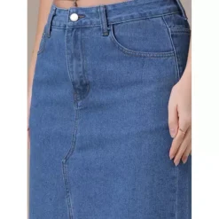 Women's Denim Skirt Front Slit Raw Hem High Waisted Stretch Midi Jean Skirts -Fashion Clothing Store 7542745 ALT4