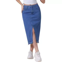 Women's Denim Skirt Front Slit Raw Hem High Waisted Stretch Midi Jean Skirts -Fashion Clothing Store 7542745 Blue 1