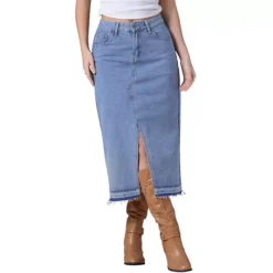 Women's Denim Skirt Front Slit Raw Hem High Waisted Stretch Midi Jean Skirts -Fashion Clothing Store 7542745 Light Blue