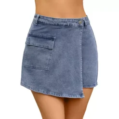 Women's Denim Skorts Cargo Faux Wrap Skirts High Waisted Country Concert Jean Skort Mini Shorts