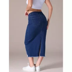 Women's Denim Skirt Ripped Raw Hem High Waisted Stretch Midi Jean Skirts -Fashion Clothing Store 7542752 ALT2
