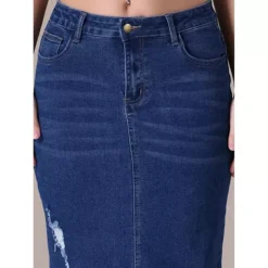 Women's Denim Skirt Ripped Raw Hem High Waisted Stretch Midi Jean Skirts -Fashion Clothing Store 7542752 ALT3