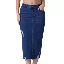 Women's Denim Skirt Ripped Raw Hem High Waisted Stretch Midi Jean Skirts -Fashion Clothing Store 7542752 Blue