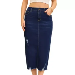Women's Denim Skirt Ripped Raw Hem High Waisted Stretch Midi Jean Skirts