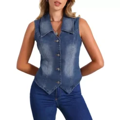 Denim Vest For Women's Sleeveless Collared V Neck Button Down Waistcoat Corset Bustier Jean Jacket -Fashion Clothing Store 7542823 Blue
