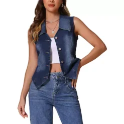 Denim Vest For Women's Sleeveless Collared V Neck Button Down Waistcoat Corset Bustier Jean Jacket -Fashion Clothing Store 7542823 Deep Blue 1