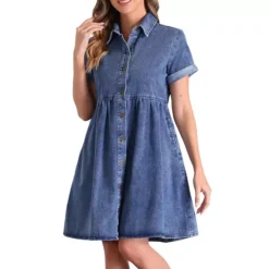 Denim Shirt Dress For Women's Collared Button Down Short Sleeve Babydoll Jean Dresses With Pockets
