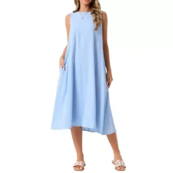 Women's Linen Sleeveless Dresses Crewneck Loose Fit Shift Casual Tank Dress With Pockets -Fashion Clothing Store 7581623 Blue 1