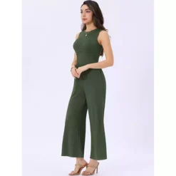 Summer Jumpsuit For Women's Dressy Casual One Piece Outfits Sleeveless Crewneck Wide Leg Pants -Fashion Clothing Store 7581647 ALT2