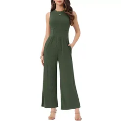 Summer Jumpsuit For Women's Dressy Casual One Piece Outfits Sleeveless Crewneck Wide Leg Pants