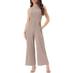 Summer Jumpsuit For Women's Dressy Casual One Piece Outfits Sleeveless Crewneck Wide Leg Pants -Fashion Clothing Store 7581647 Light Khaki