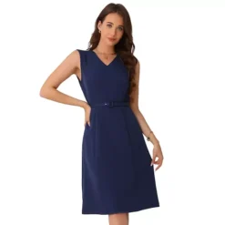 Work Dresses For Women's V Neck Sleeveless Office Dress With Belt -Fashion Clothing Store 7581648 Dark Blue 1