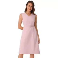 Work Dresses For Women's V Neck Sleeveless Office Dress With Belt -Fashion Clothing Store 7581648 Pink