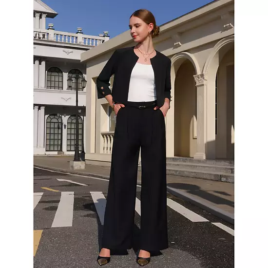 Women's Work Cropped Jacket 3/4 Sleeve Collarless Open Front Blazer 2 Women's Work Cropped Jacket 3/4 Sleeve Collarless Open Front Blazer - Image 2