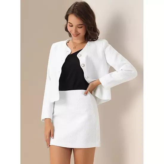 Tweed Blazer Set For Women's Elegant Work 2 Piece Blazer Skirt Suit 3 Tweed Blazer Set For Women's Elegant Work 2 Piece Blazer Skirt Suit - Image 3