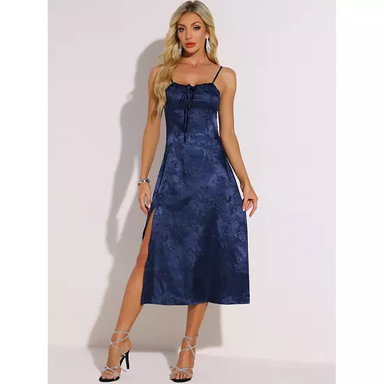 Spaghetti Strap Satin Midi Dress For Women's Summer Square Neck Lace Up Slit Dresses 2 Spaghetti Strap Satin Midi Dress For Women's Summer Square Neck Lace Up Slit Dresses - Image 2