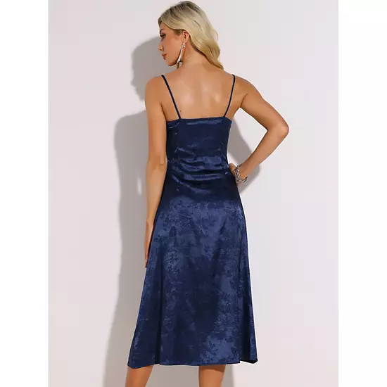 Spaghetti Strap Satin Midi Dress For Women's Summer Square Neck Lace Up Slit Dresses 3 Spaghetti Strap Satin Midi Dress For Women's Summer Square Neck Lace Up Slit Dresses - Image 3