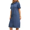 Women's Midi Denim Dress Summer Short Sleeve Button Down Casual Loose Long Tunic Jean Shirt Dress