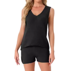 Women's Lounge Set Stripe Tank Top And Shorts V Neck Knit Pajama Set PJ Set