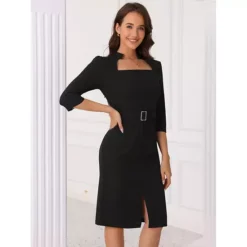 Pencil Dress For Women's 3/4 Sleeve Belted Slit Retro Business Sheath Dresses -Fashion Clothing Store 7589899 ALT2