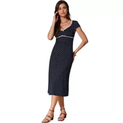 Women's V Neck Cap Sleeve Polka Dots Summer Casual Classic Midi Dress -Fashion Clothing Store 7589910 Dark Blue