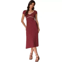 Women's V Neck Cap Sleeve Polka Dots Summer Casual Classic Midi Dress -Fashion Clothing Store 7589910 Wine Red
