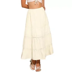 Lace Trim Tiered Maxi Skirt For Women's Summer Boho Elastic High Waist Skirt