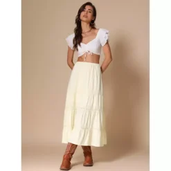 Lace Trim Tiered Maxi Skirt For Women's Summer Boho Elastic High Waist Skirt -Fashion Clothing Store 7589925 ALT2