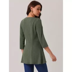 Women's V Neck 3/4 Sleeve Tops Spring Fall Casual T Shirts A Line Basic Blouses With Pockets -Fashion Clothing Store 7596417 ALT3