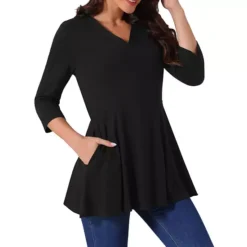 Women's V Neck 3/4 Sleeve Tops Spring Fall Casual T Shirts A Line Basic Blouses With Pockets -Fashion Clothing Store 7596417 Black
