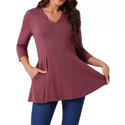 Women's V Neck 3/4 Sleeve Tops Spring Fall Casual T Shirts A Line Basic Blouses With Pockets -Fashion Clothing Store 7596417 Wine Red 1