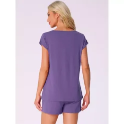 Women's 2 Piece Lounge Set Sweater Knit Short Sleeve Tee And Shorts Pajama Set -Fashion Clothing Store 7598029 ALT2