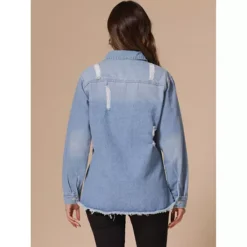 Women's Denim Jackets Oversized Frayed Hem Pockets Long Sleeve Button Down Jean Jacket -Fashion Clothing Store 7600645 ALT2