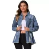 Women's Denim Jackets Oversized Frayed Hem Pockets Long Sleeve Button Down Jean Jacket