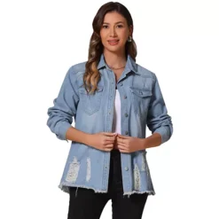 Women's Denim Jackets Oversized Frayed Hem Pockets Long Sleeve Button Down Jean Jacket -Fashion Clothing Store 7600645 Light Blue