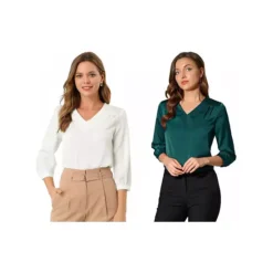 2 Packs Women's V-Neck 3/4 Sleeve Casual Office Work Satin Blouses -Fashion Clothing Store 7602205 White Blue Green