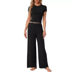 Women's Pajama Sets Ruffled Short Sleeve And Long Pants Lounge Sets 2 Piece Soft Pj Set -Fashion Clothing Store 7602227 Black
