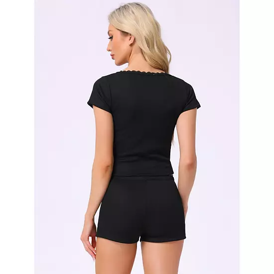 Women's Cotton Pajama Sets Lace Trim Short Sleeve Top And Shorts Set Cute Lounge Set 3 Women's Cotton Pajama Sets Lace Trim Short Sleeve Top And Shorts Set Cute Lounge Set - Image 3
