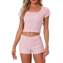 Women's Cotton Pajama Sets Lace Trim Short Sleeve Top And Shorts Set Cute Lounge Set