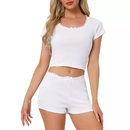 Women's Cotton Pajama Sets Lace Trim Short Sleeve Top And Shorts Set Cute Lounge Set 8 Women's Cotton Pajama Sets Lace Trim Short Sleeve Top And Shorts Set Cute Lounge Set - Image 8