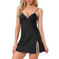 Women's Silky Nightgown Lace Slip Dress Satin Cami Sleepwear Sleeveless Lingerie Chemise -Fashion Clothing Store 7602232 Black