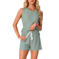 Women's Waffle Knit Casual Outfits V Neck Pajamas Sleeveless Pjs Tank Top With Shorts Lounge Sets -Fashion Clothing Store 7602234 Light Green