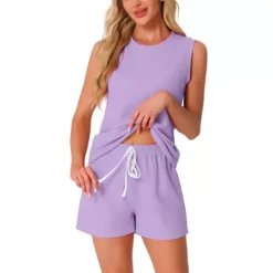 Women's Waffle Knit Casual Outfits V Neck Pajamas Sleeveless Pjs Tank Top With Shorts Lounge Sets -Fashion Clothing Store 7602234 Purple