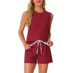 Women's Waffle Knit Casual Outfits V Neck Pajamas Sleeveless Pjs Tank Top With Shorts Lounge Sets -Fashion Clothing Store 7602234 Red