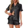 Women's Satin Pajamas Set Silky Short Sleeve Shorts Pjs Button Down Lingerie Ruffle Sleepwear