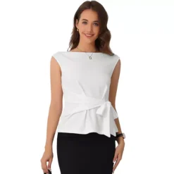 Tie Front Blouse For Women's Boat Neck Cap Sleeve Work Top -Fashion Clothing Store 7602241 White